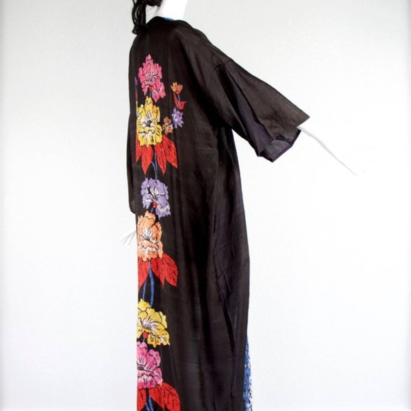VTG 70's India Hand Blocked Long Silk Kimono - Picture 2 of 5